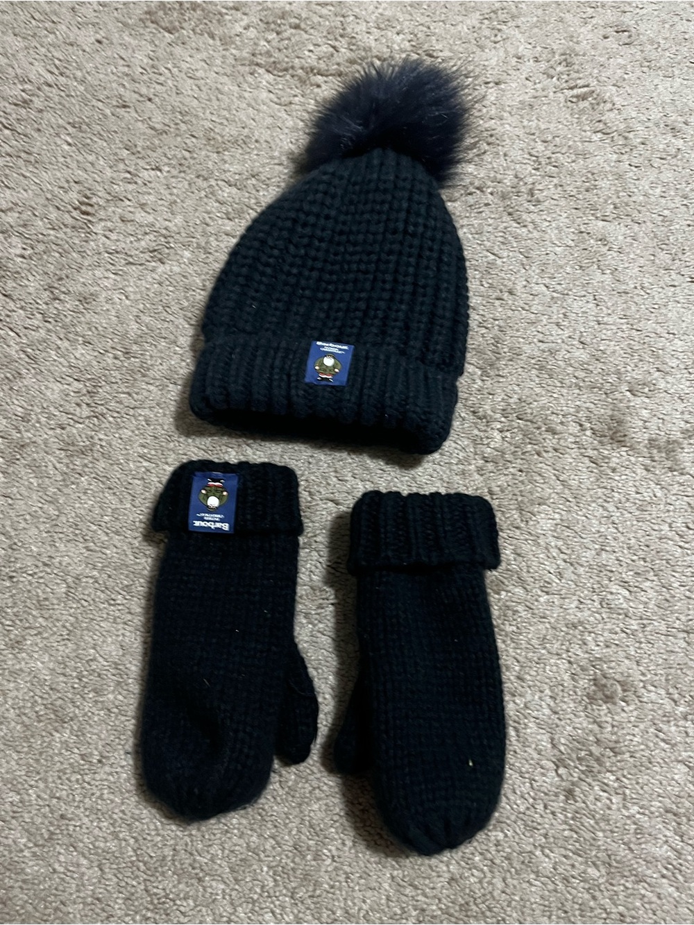 Kids Barbour Navy Knit Pom-Pom Hat and Mittens Set
